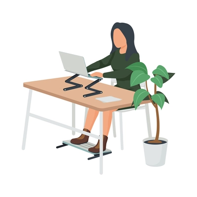 Contemporary workspace flat composition with woman sitting at desk with foldable stand for laptop and legs vector illustration