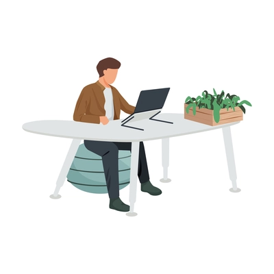 Contemporary workspace flat composition with man sitting at futuristic table with designer chair and home plant vector illustration