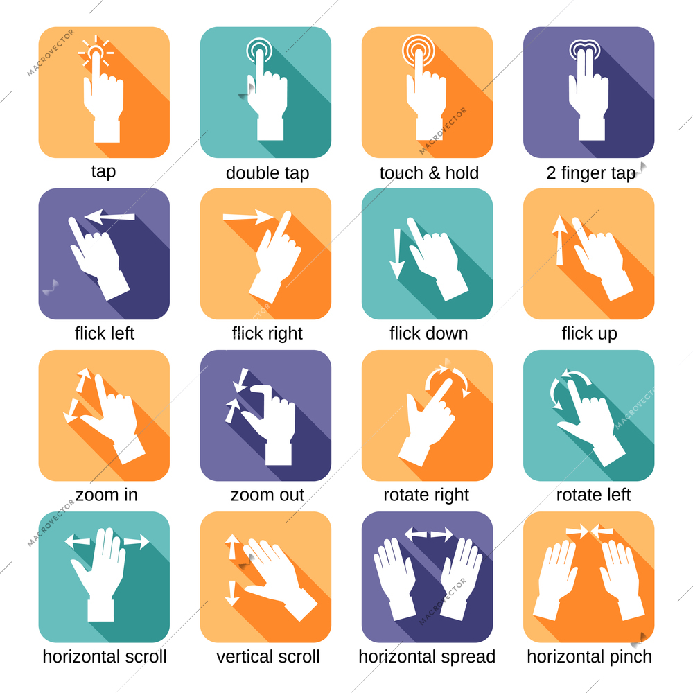 Touch screen interface hand gestures flat icons set isolated vector illustration