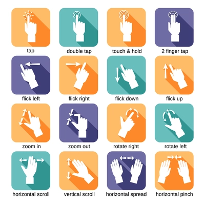 Touch screen interface hand gestures flat icons set isolated vector illustration