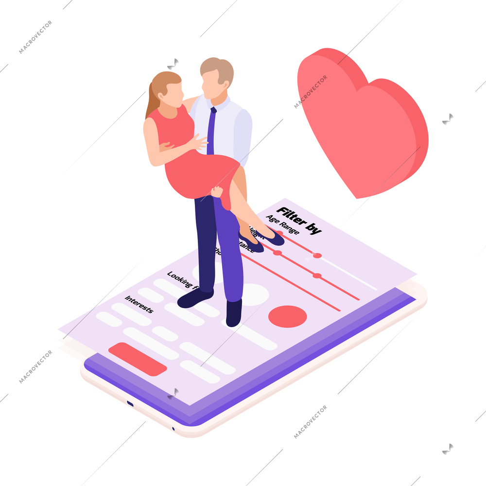 Virtual relationships online dating isometric composition with man holding woman in arms on smartphone screen vector illustration