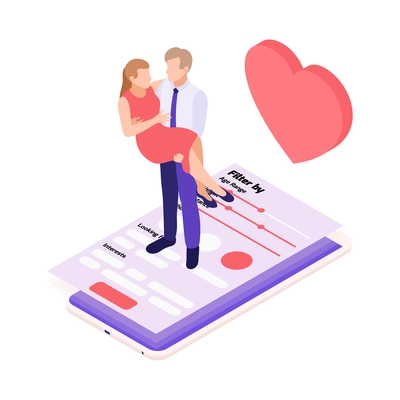 Virtual relationships online dating isometric composition with man holding woman in arms on smartphone screen vector illustration