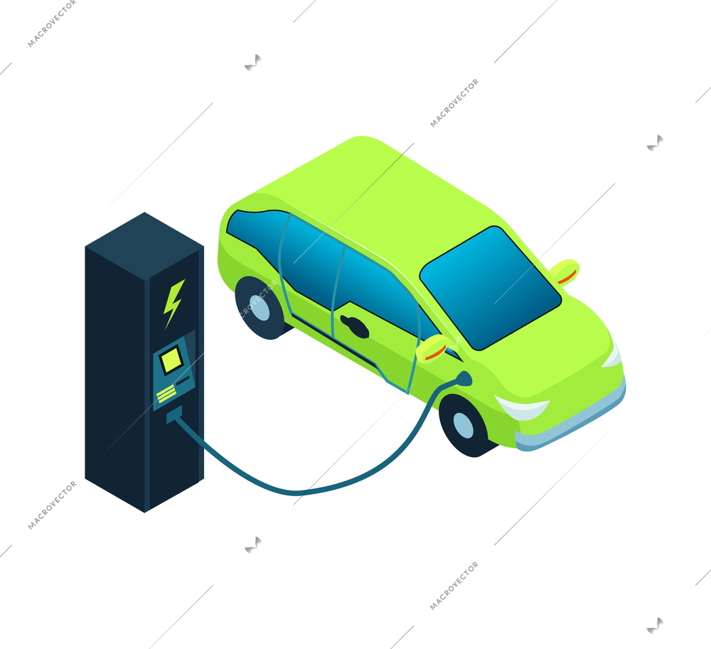 Isometric electric transport ecology friendly vehicle composition with image of electric car connected to charging station vector illustration