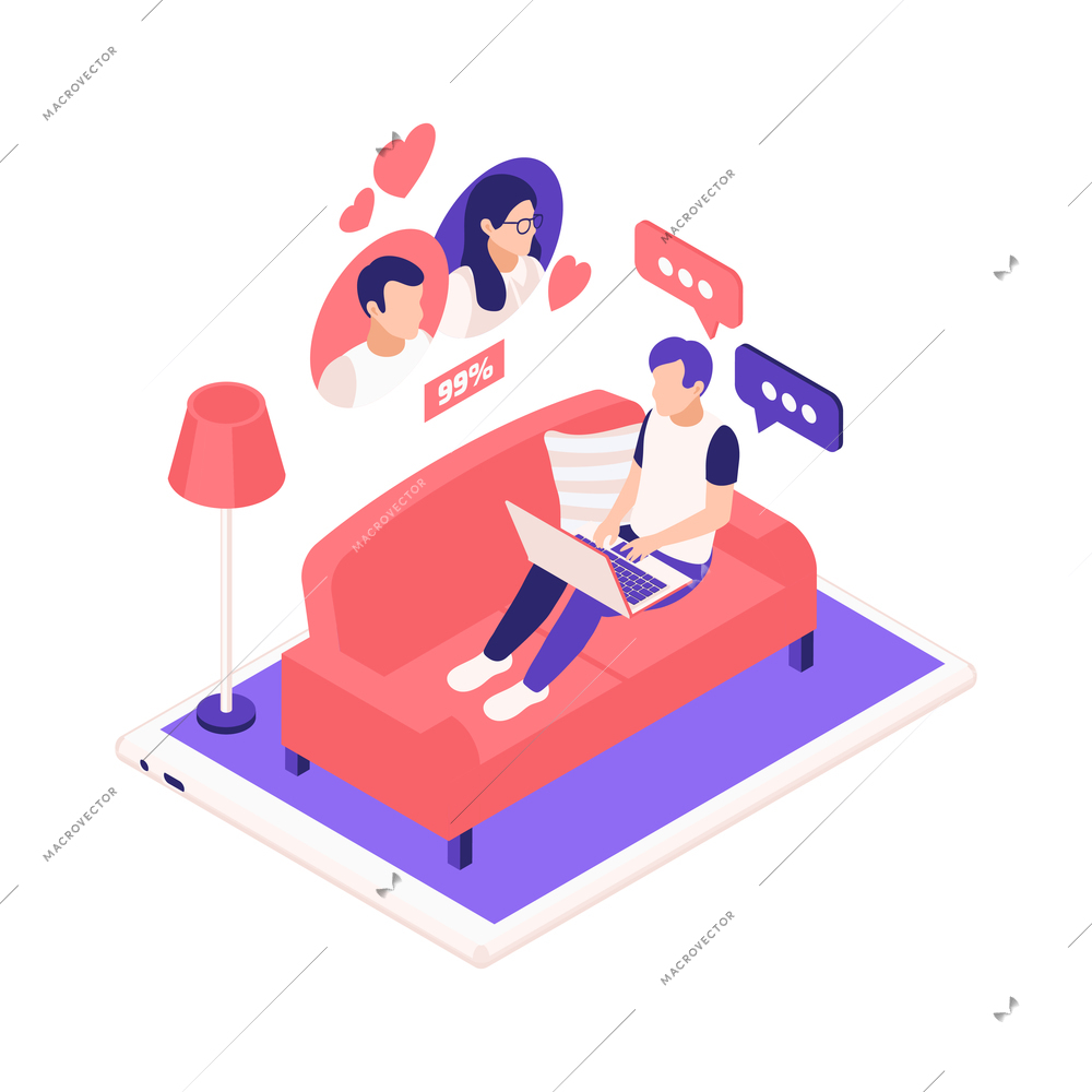 Virtual relationships online dating isometric composition with man sitting on sofa with laptop and partners avatars vector illustration