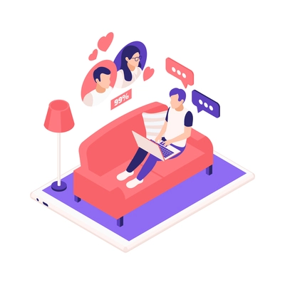 Virtual relationships online dating isometric composition with man sitting on sofa with laptop and partners avatars vector illustration