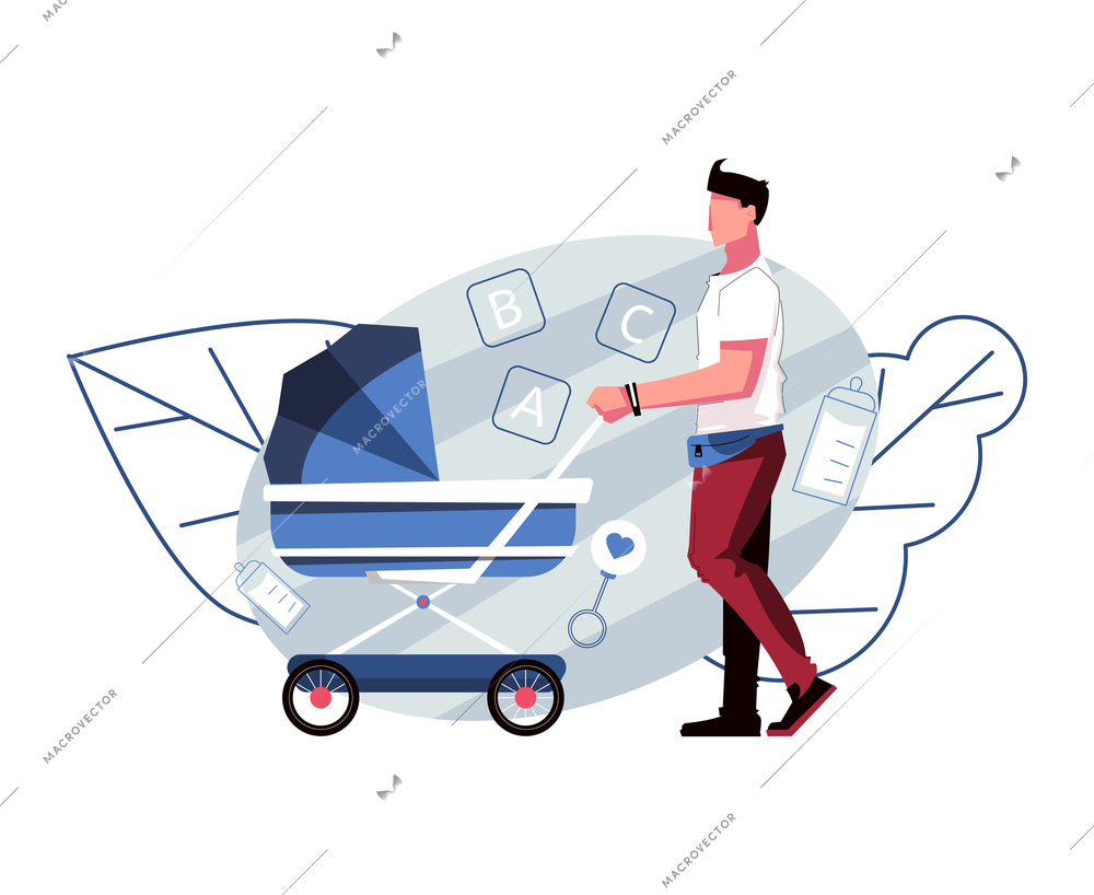 Dad flat composition with character of adult man walking with baby stroller vector illustration