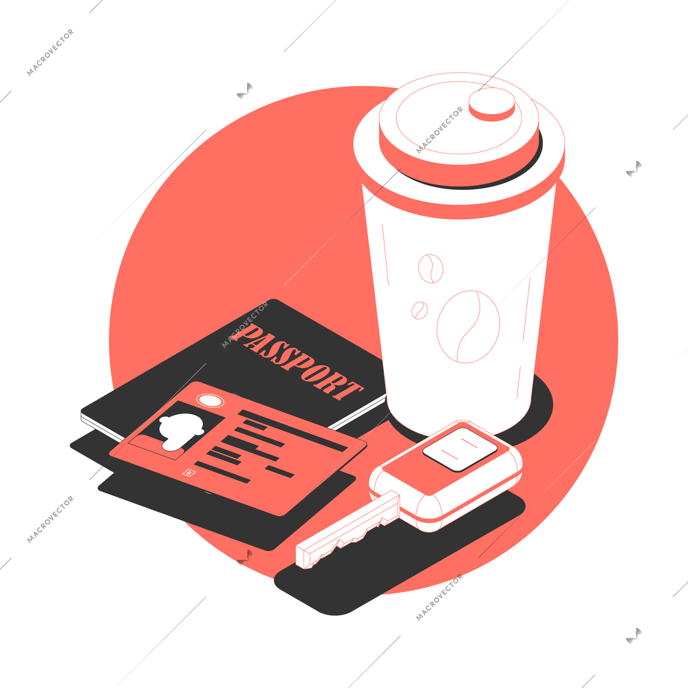 Behind wheel round composition with images of passport drivers license keys and cup of coffee vector illustration