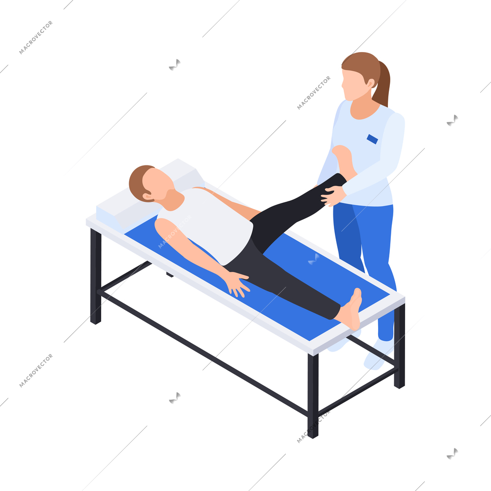 Physiotherapy rehabilitation isometric composition with female medical specialist doing leg massage to patient vector illustration