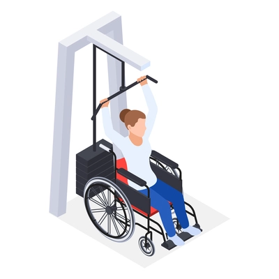 Physiotherapy rehabilitation isometric composition with woman in wheelchair lifting weight vector illustration