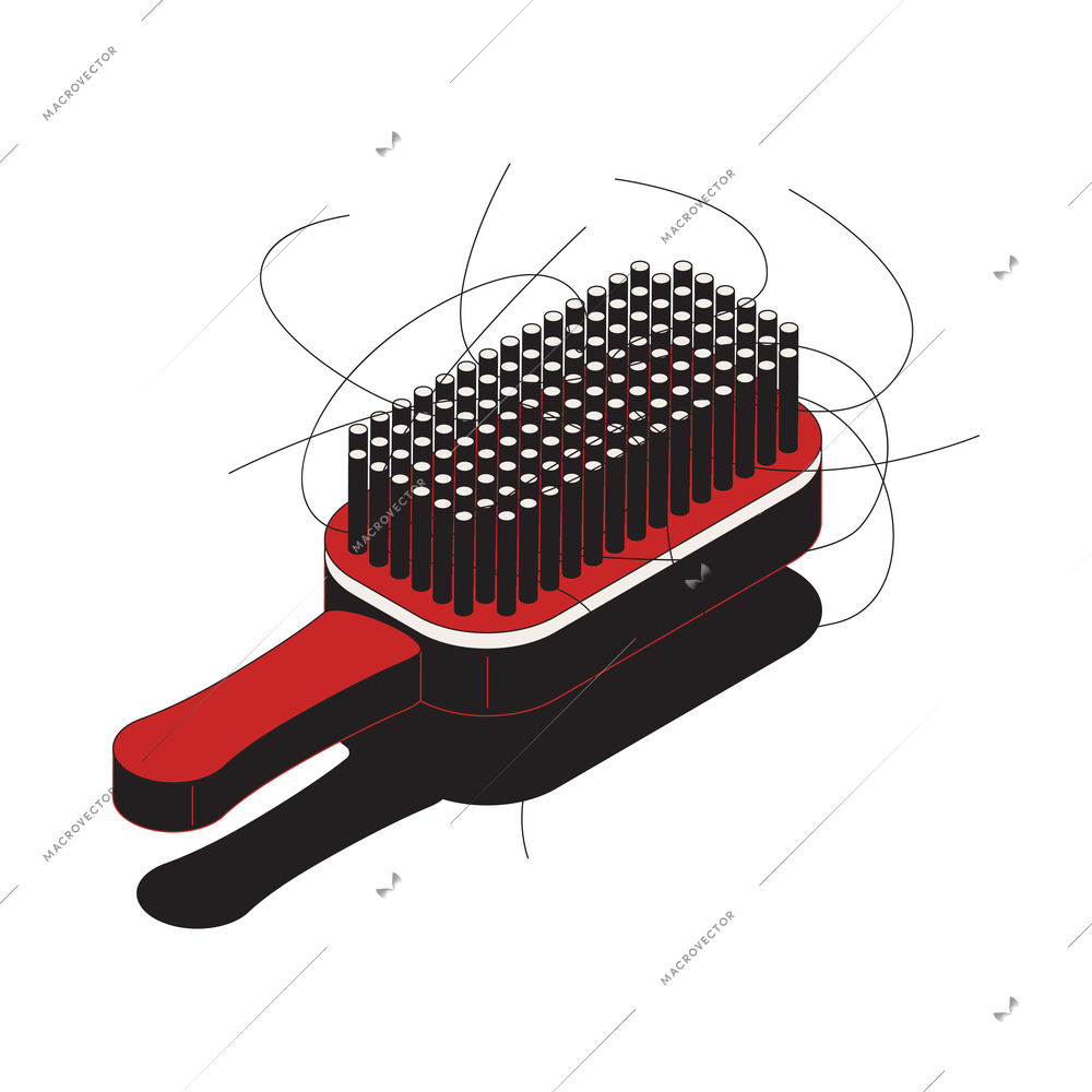 Hair problems isometric composition with isolated image of hair brush with pieces of root up hair vector illustration