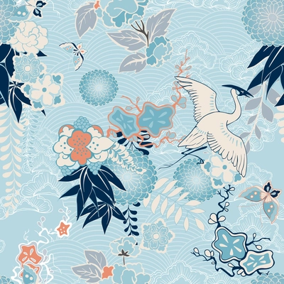 Kimono background with crane and flowers vector illustration