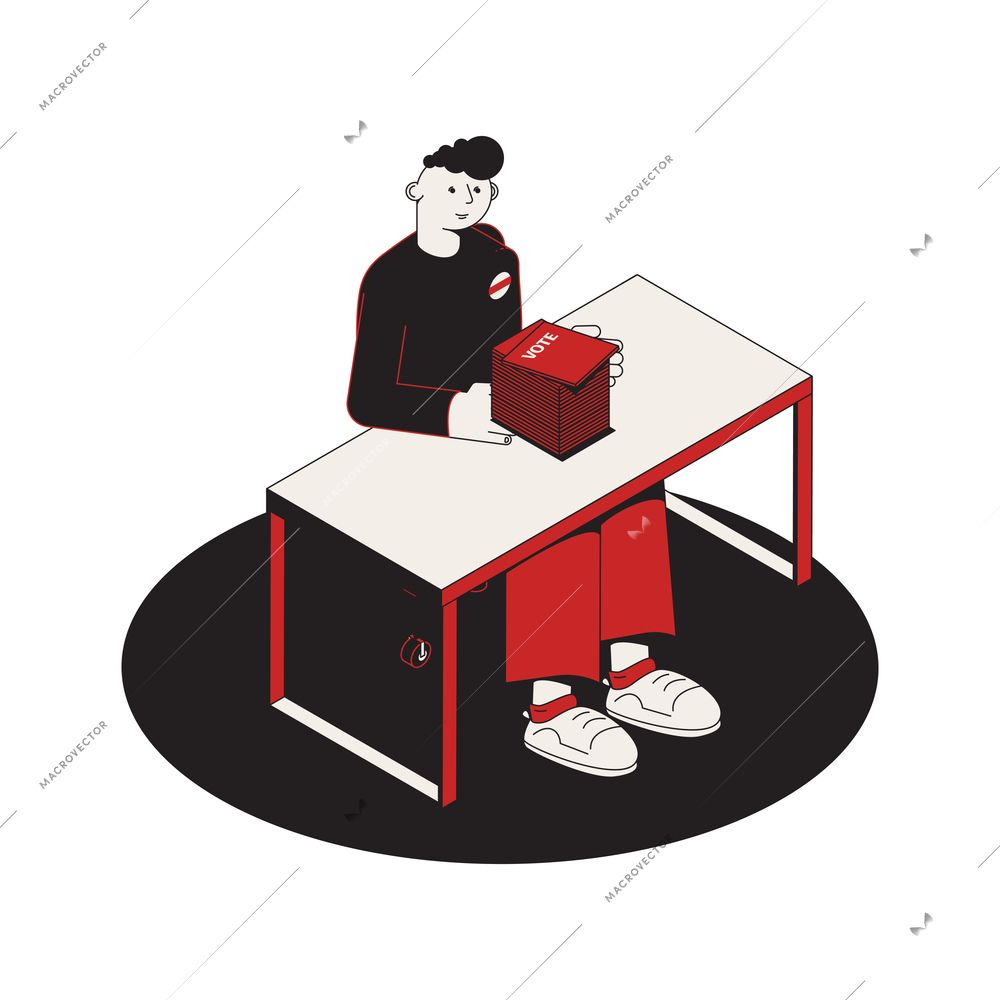 Election isometric composition with isolated view of person sitting at table with stack of ballot papers vector illustration