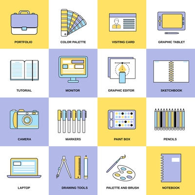 Graphic design studio tools drawing process workplace flat line icons set isolated vector illustration