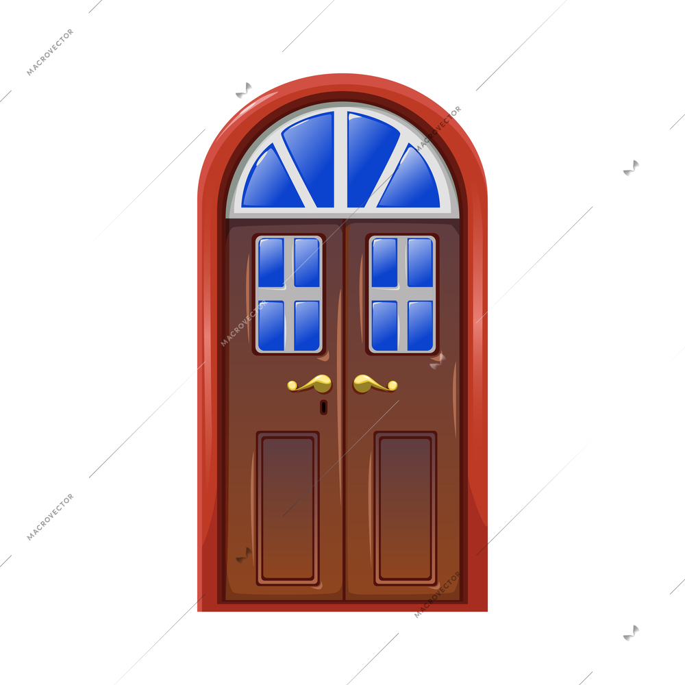 Cartoon doors composition with isolated image of classic doors with light window and ornate golden handle vector illustration