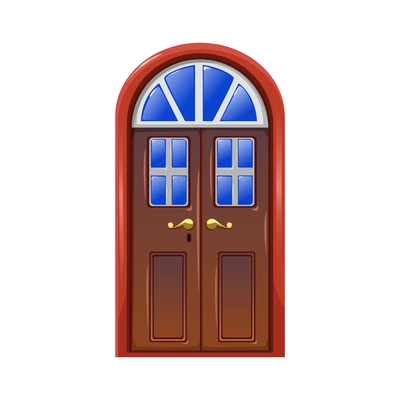 Cartoon doors composition with isolated image of classic doors with light window and ornate golden handle vector illustration