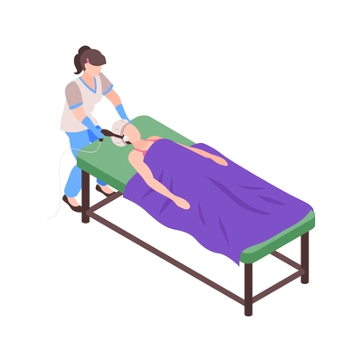 Isometric cosmetologist composition with patient on table and doctor performing facial operation vector illustration