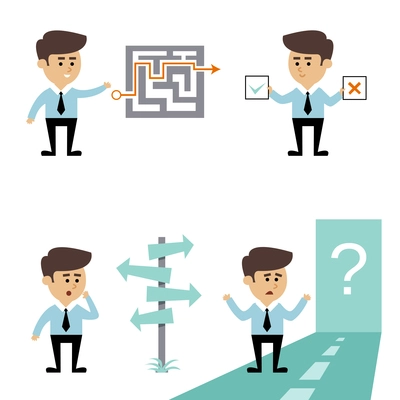 Businessman search decision concept with man with labyrinth puzzle and crossroads vector illustration