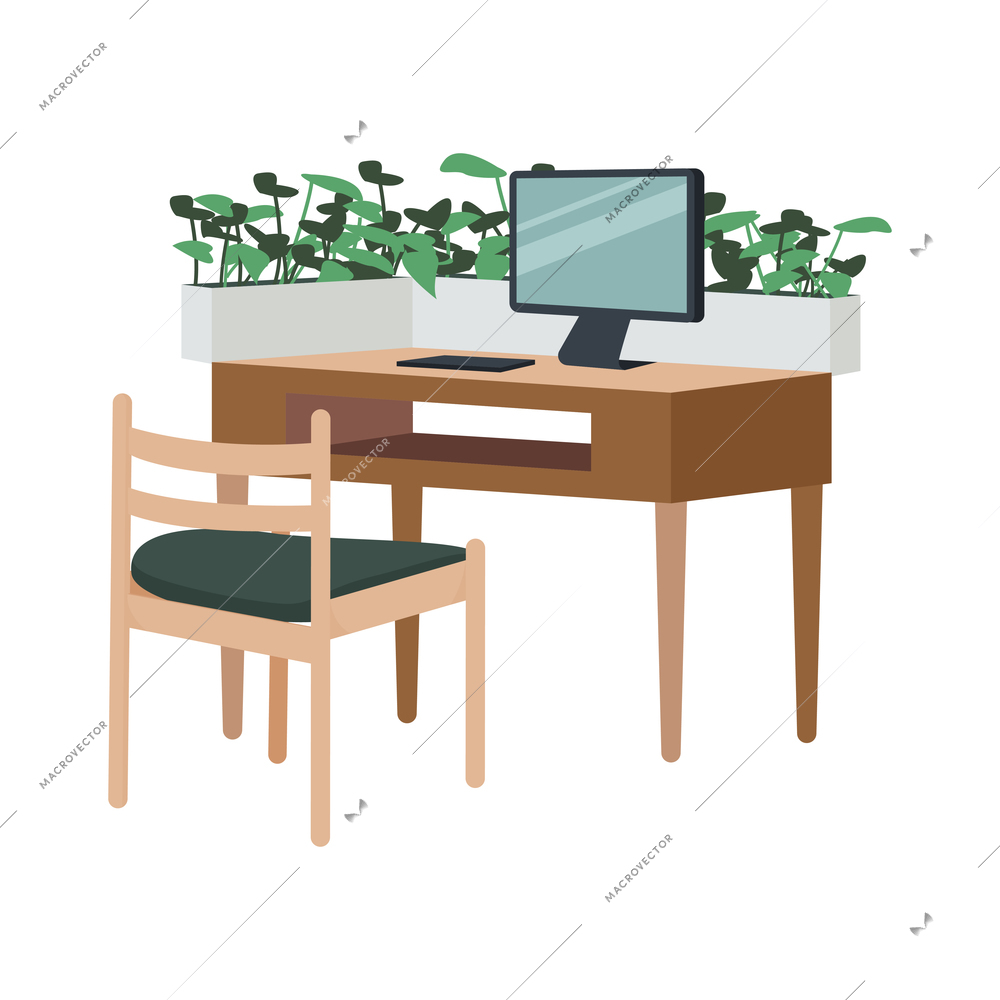 Contemporary workspace flat composition with view of wooden table with chair computer and home plants vector illustration