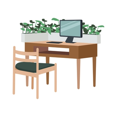 Contemporary workspace flat composition with view of wooden table with chair computer and home plants vector illustration