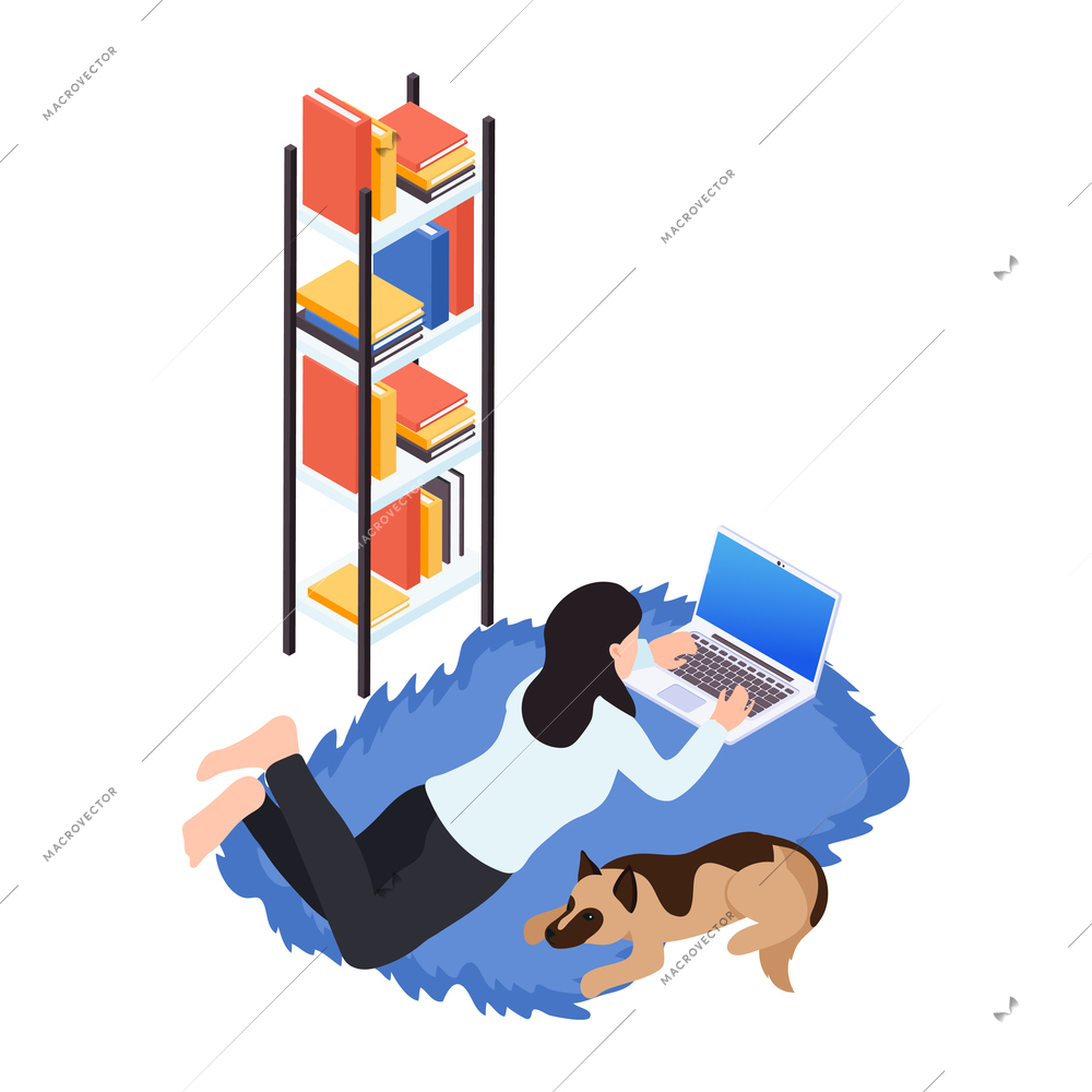 Remote distant work from home isometric composition with woman lying on floor with dog and laptop with book shelves vector illustration