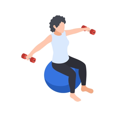 Physiotherapy rehabilitation isometric composition with woman sitting on ball spreading hands with barbells vector illustration