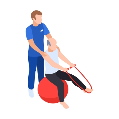 Physiotherapy rehabilitation isometric composition with medical specialist helping patient to massage leg with rope vector illustration