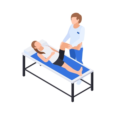 Physiotherapy rehabilitation isometric composition with doctor doing leg massage to lying patient vector illustration