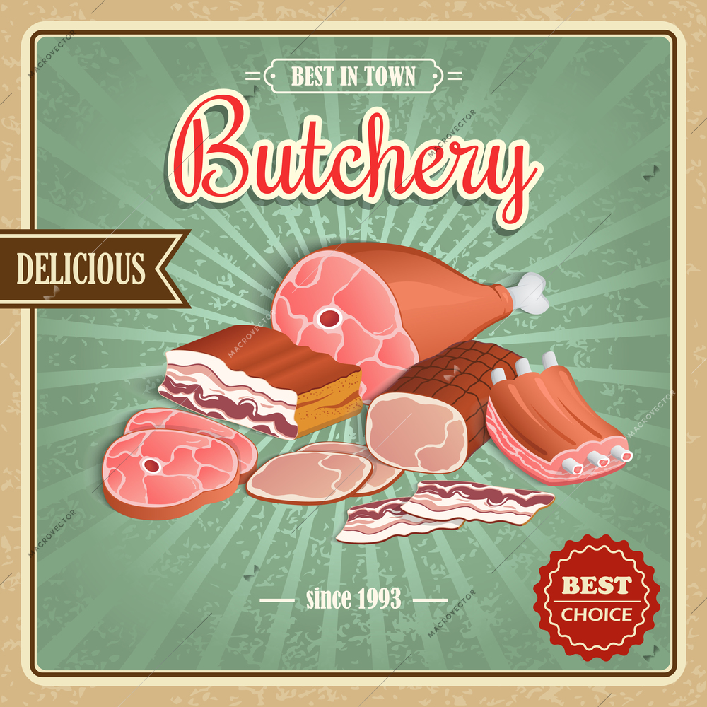 Meat best choice delicious retro butchery paper poster vector illustration