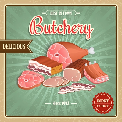 Meat best choice delicious retro butchery paper poster vector illustration