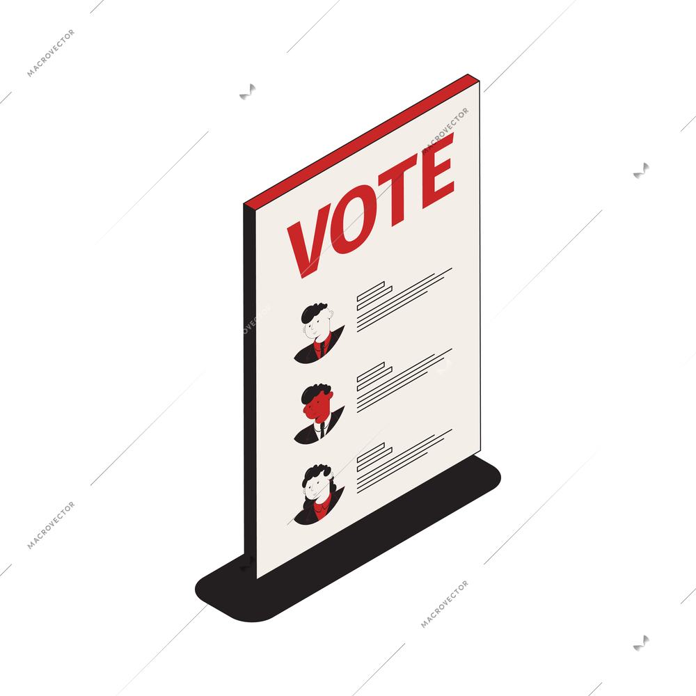 Election isometric composition with isolated image of paper with list of candidates and their programs vector illustration