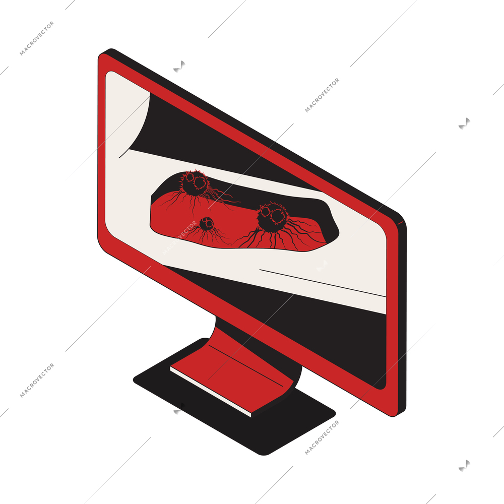 Oncology isometric composition with computer screen showing damaged organ vector illustration