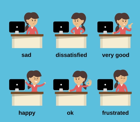 Businesswoman at office desk cartoon character working emotions set isolated vector illustration