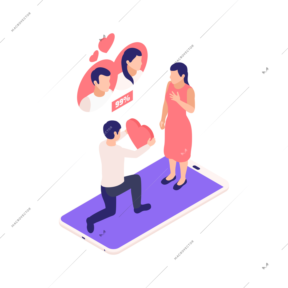 Virtual relationships online dating isometric composition with man giving heart to woman on top of smartphone vector illustration