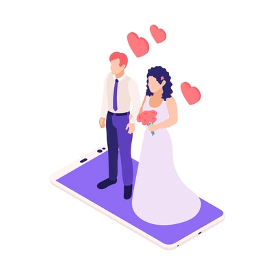 Virtual relationships online dating isometric composition with bride and groom standing on top of smartphone vector illustration