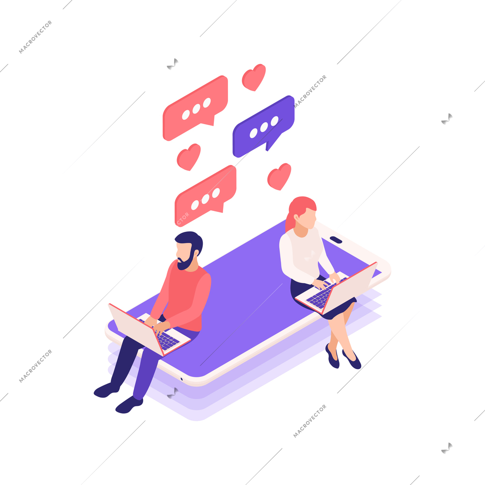 Virtual relationships online dating isometric composition with man and woman with laptops chatting on smartphone vector illustration