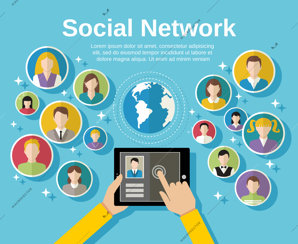 Social media network concept with human hand with tablet avatars and globe on background vector illustration