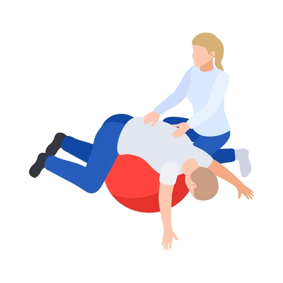 Physiotherapy rehabilitation isometric composition with patient lying on top of rubber ball with medical assistant vector illustration