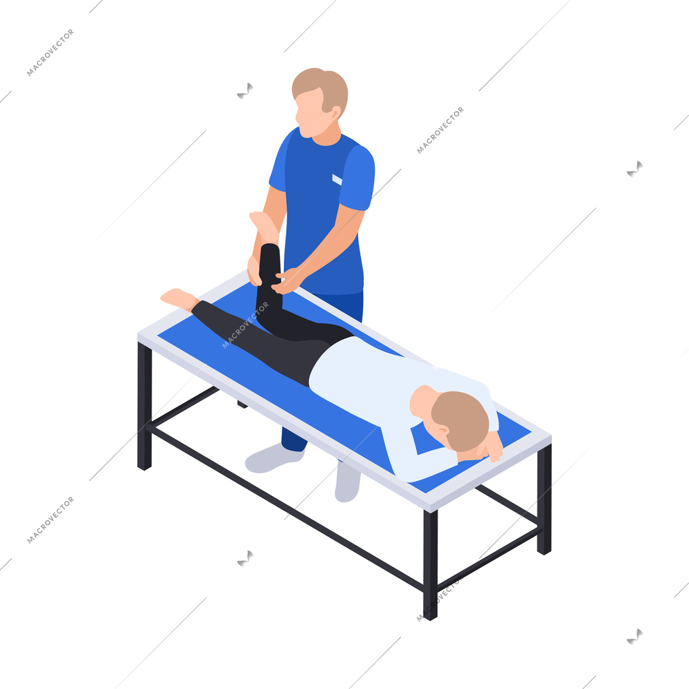 Physiotherapy rehabilitation isometric composition with patient lying on table and medical specialist performing massage vector illustration