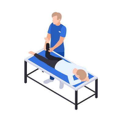 Physiotherapy rehabilitation isometric composition with patient lying on table and medical specialist performing massage vector illustration