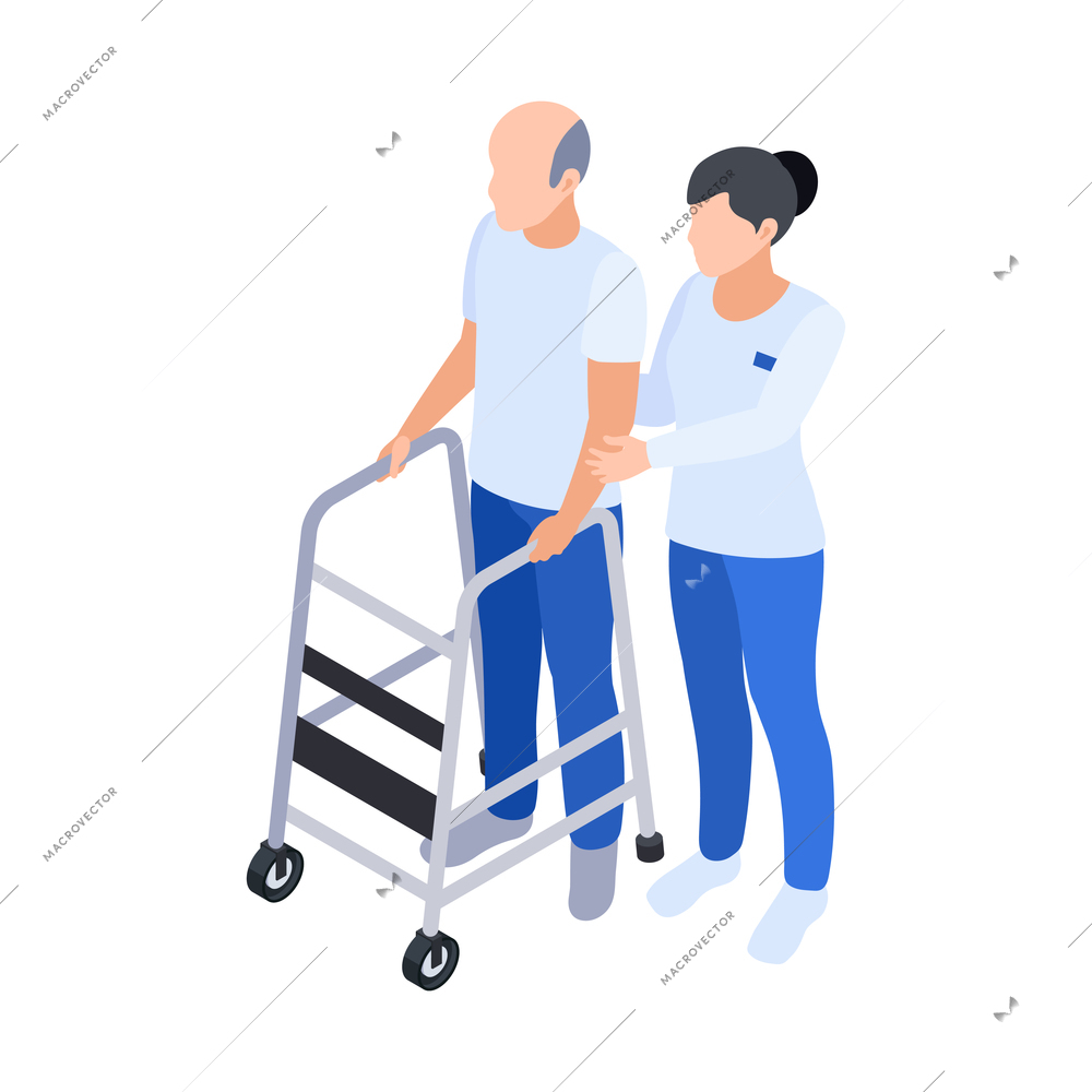 Physiotherapy rehabilitation isometric composition with female doctor assisting male patient to walk with trolley vector illustration