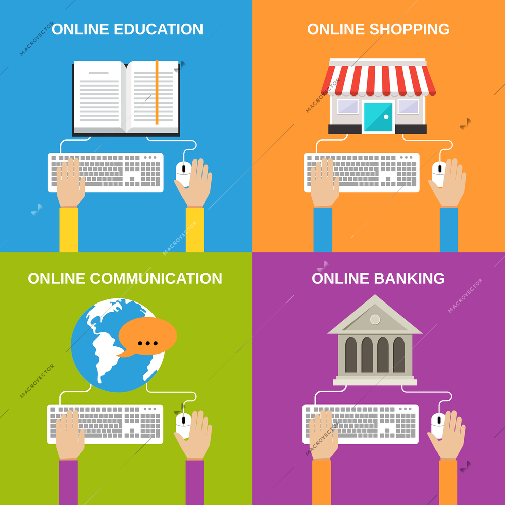 Online service concepts flat icons set of education shopping communication banking isolated vector illustration