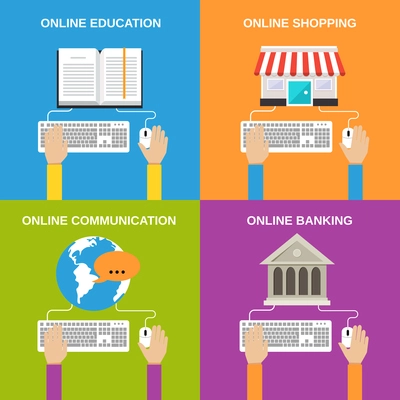 Online service concepts flat icons set of education shopping communication banking isolated vector illustration