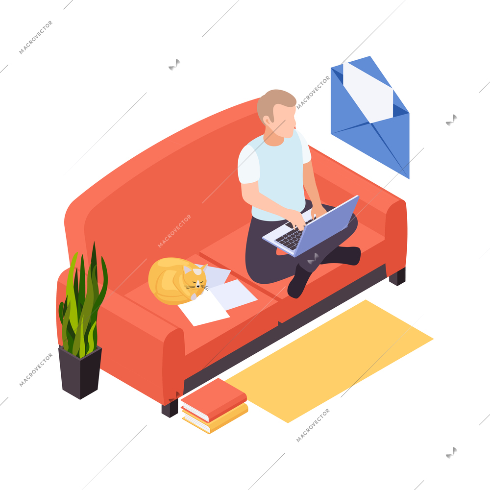 Remote distant work from home isometric composition with man on sofa with laptop and envelope icon vector illustration