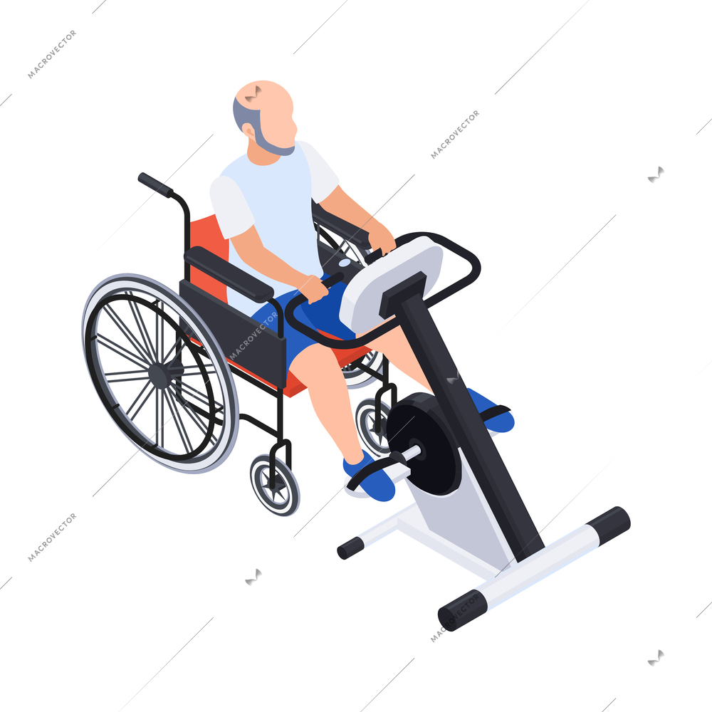 Physiotherapy rehabilitation isometric composition with man on wheelchair with training machine vector illustration