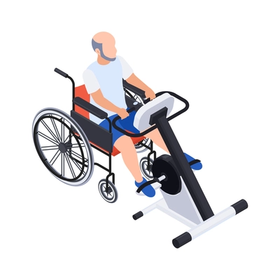 Physiotherapy rehabilitation isometric composition with man on wheelchair with training machine vector illustration