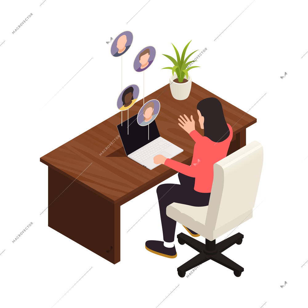 Online virtual team building isometric composition with female worker talking to virtual coworkers in laptop vector illustration