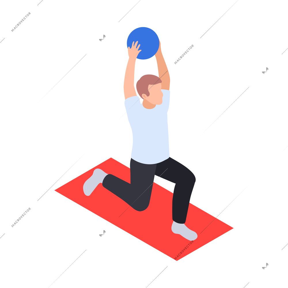 Physiotherapy rehabilitation isometric composition with man performing exercises with ball on mat vector illustration