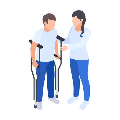 Physiotherapy rehabilitation isometric composition with female medical specialist assisting man to step on crutches vector illustration