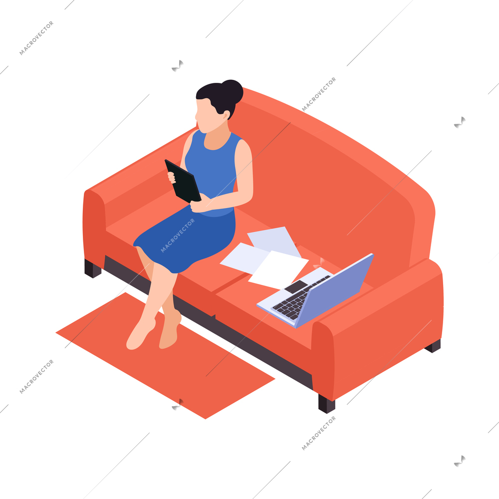 Remote distant work from home isometric composition with lady sitting on sofa with tablet paperwork and laptop vector illustration