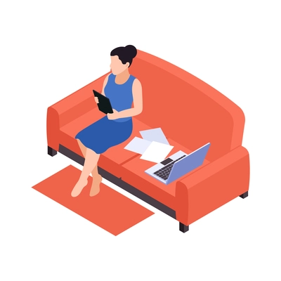 Remote distant work from home isometric composition with lady sitting on sofa with tablet paperwork and laptop vector illustration